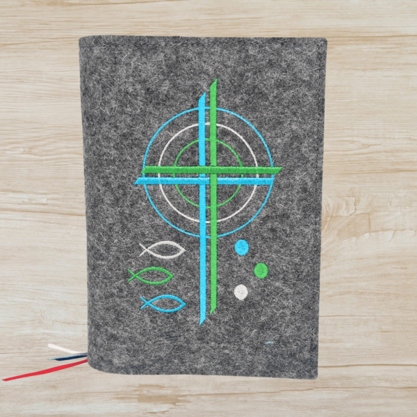 Wosadnikhülle in dunkelgrau meliert, Kreuze, Kreise, Fische